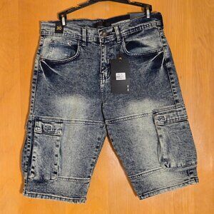 NWT GS-115 Denim Cargo Shorts Mens 30 Blue Silver Stretch 13" Inseam Egypt Made